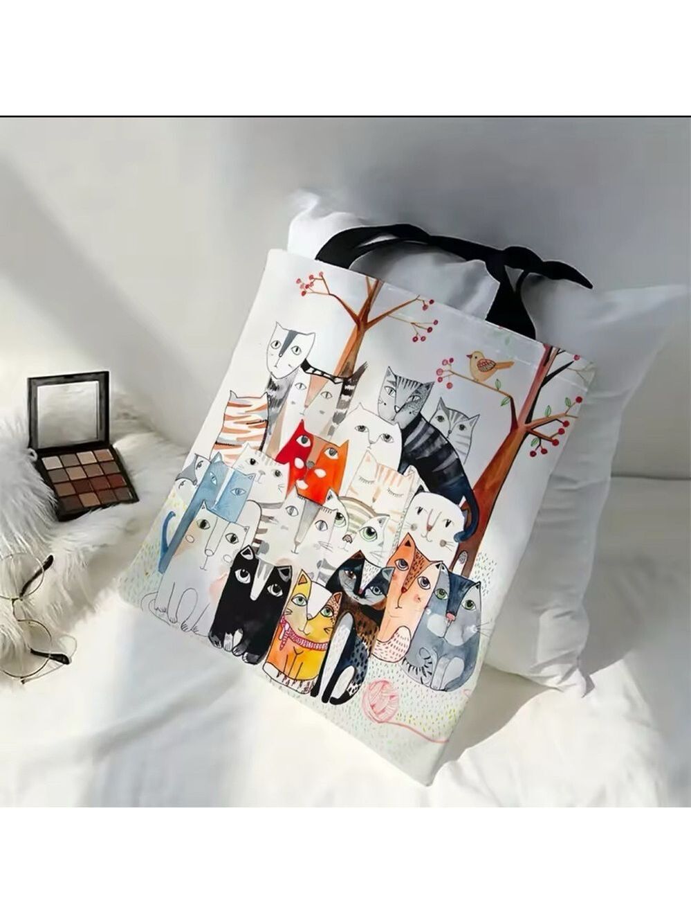 MANY-PAWS MULTI-CAT ARTISTIC FELINE CAT PRINT CANVAS GROCERY TOTE SHOPPING BAG - Picture 3 of 8